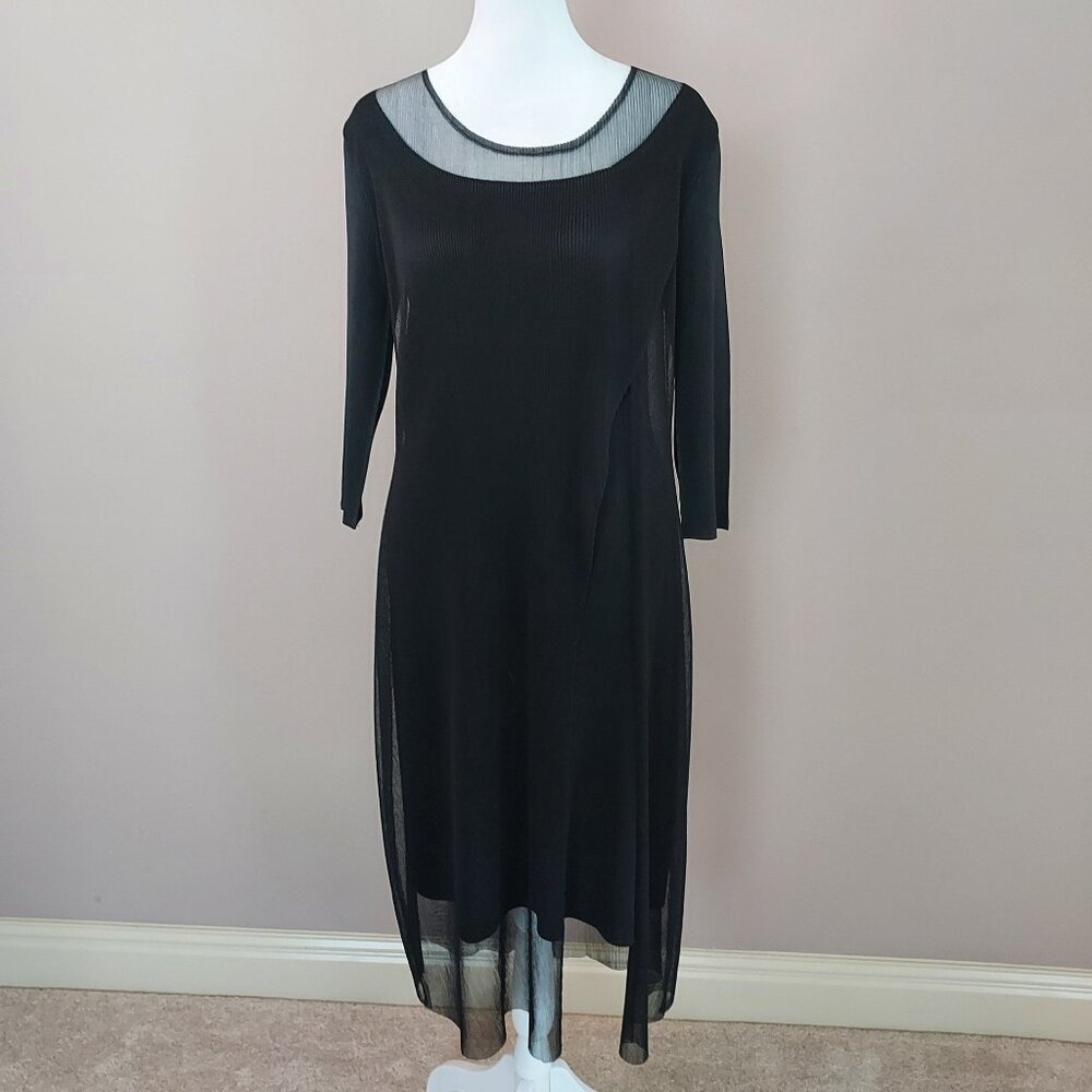Vanite Couture Black Pleated Sheer Layered Midi Dress NWOT